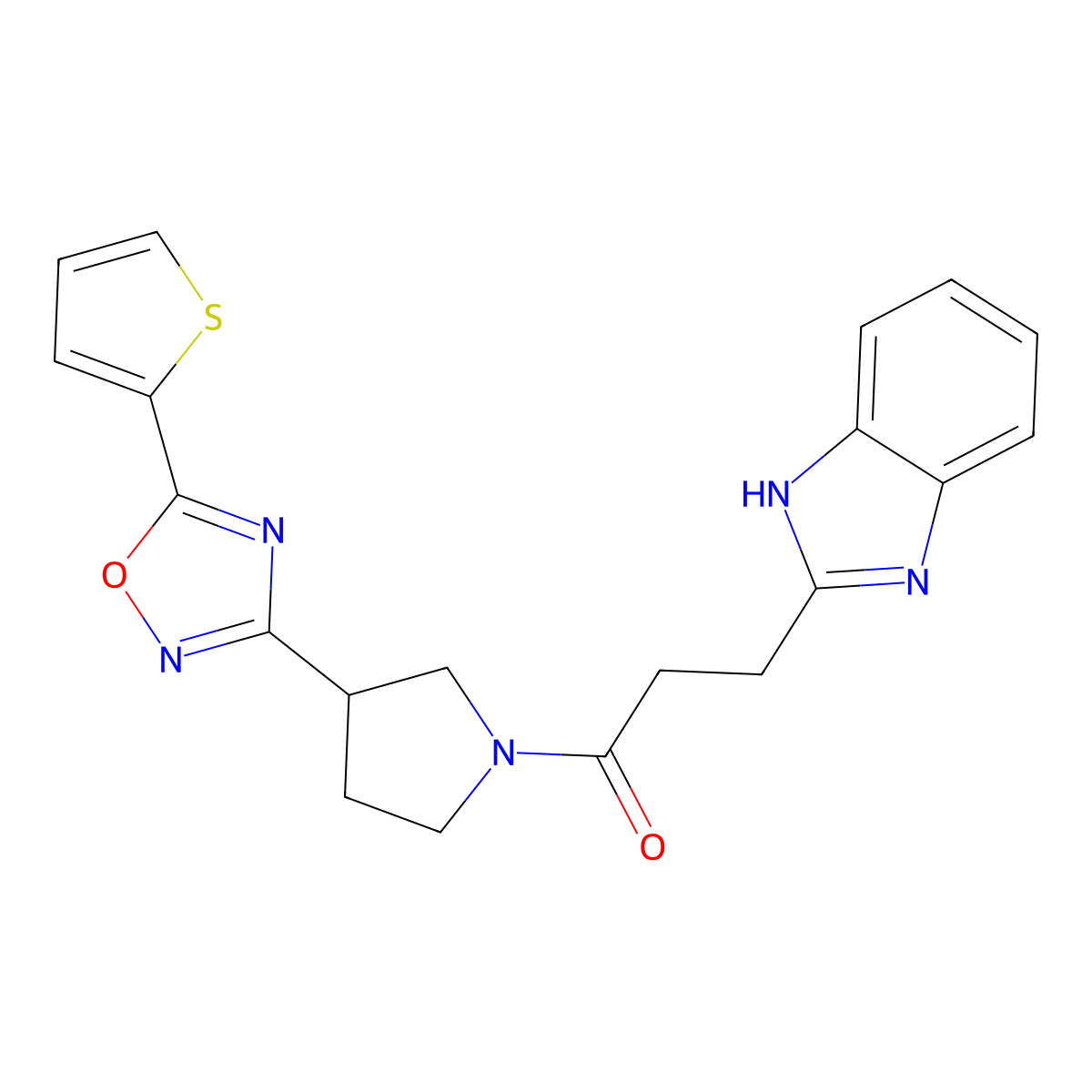 3-(1H-benzo[d]imidazol-2-yl)-1-(3-(5-(thiophen-2-yl)-1,2,4-oxadiazol-3-yl)pyrrolidin-1-yl)propan-1-one molecular structure, CAS 2034320-16-4