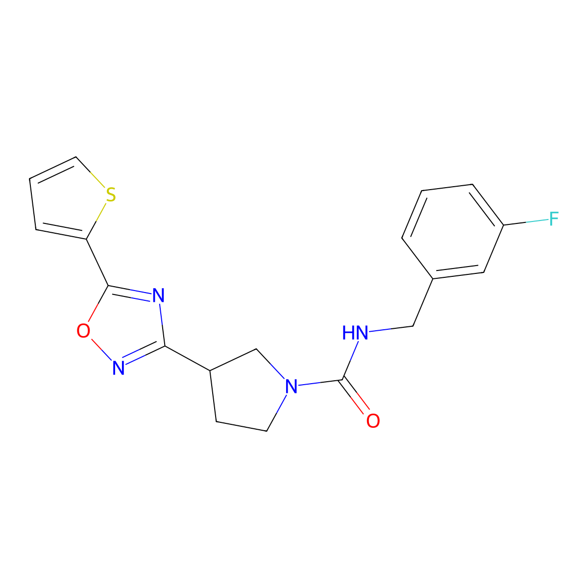 N-(3-fluorobenzyl)-3-(5-(thiophen-2-yl)-1,2,4-oxadiazol-3-yl)pyrrolidine-1-carboxamide molecular structure, CAS 2034320-22-2
