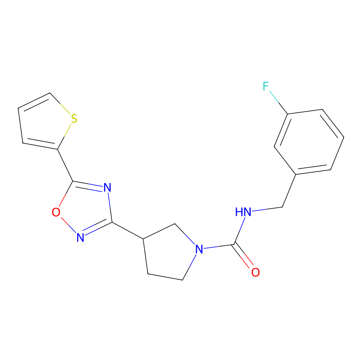 N-(3-fluorobenzyl)-3-(5-(thiophen-2-yl)-1,2,4-oxadiazol-3-yl)pyrrolidine-1-carboxamide molecular structure, CAS 2034320-22-2