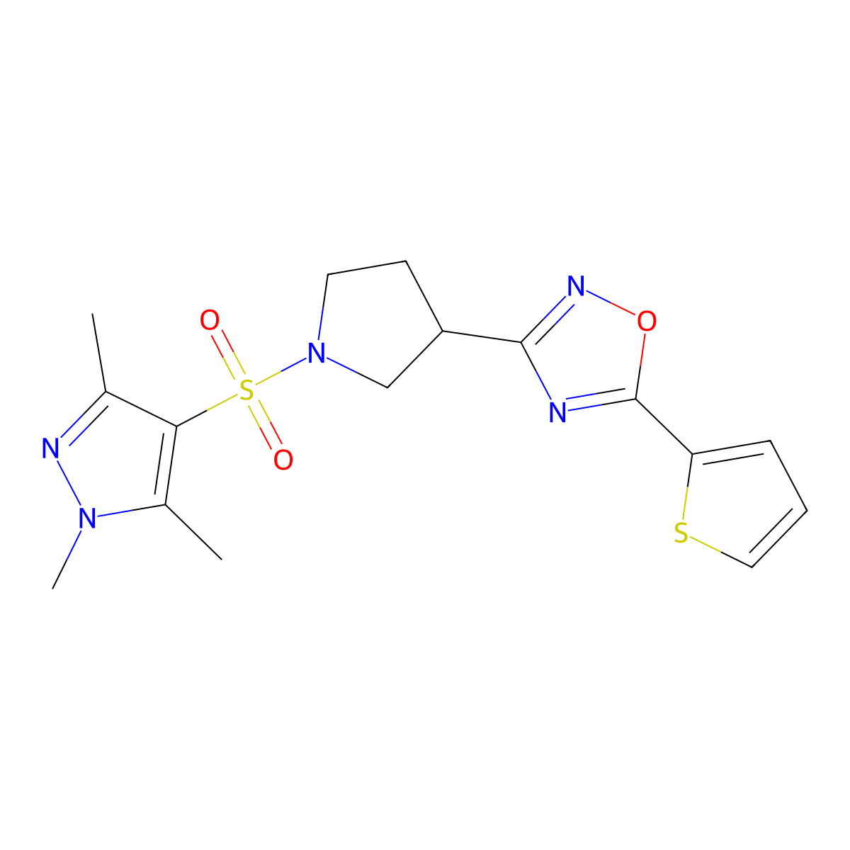 5-(thiophen-2-yl)-3-(1-((1,3,5-trimethyl-1H-pyrazol-4-yl)sulfonyl)pyrrolidin-3-yl)-1,2,4-oxadiazole molecular structure, CAS 2034320-36-8