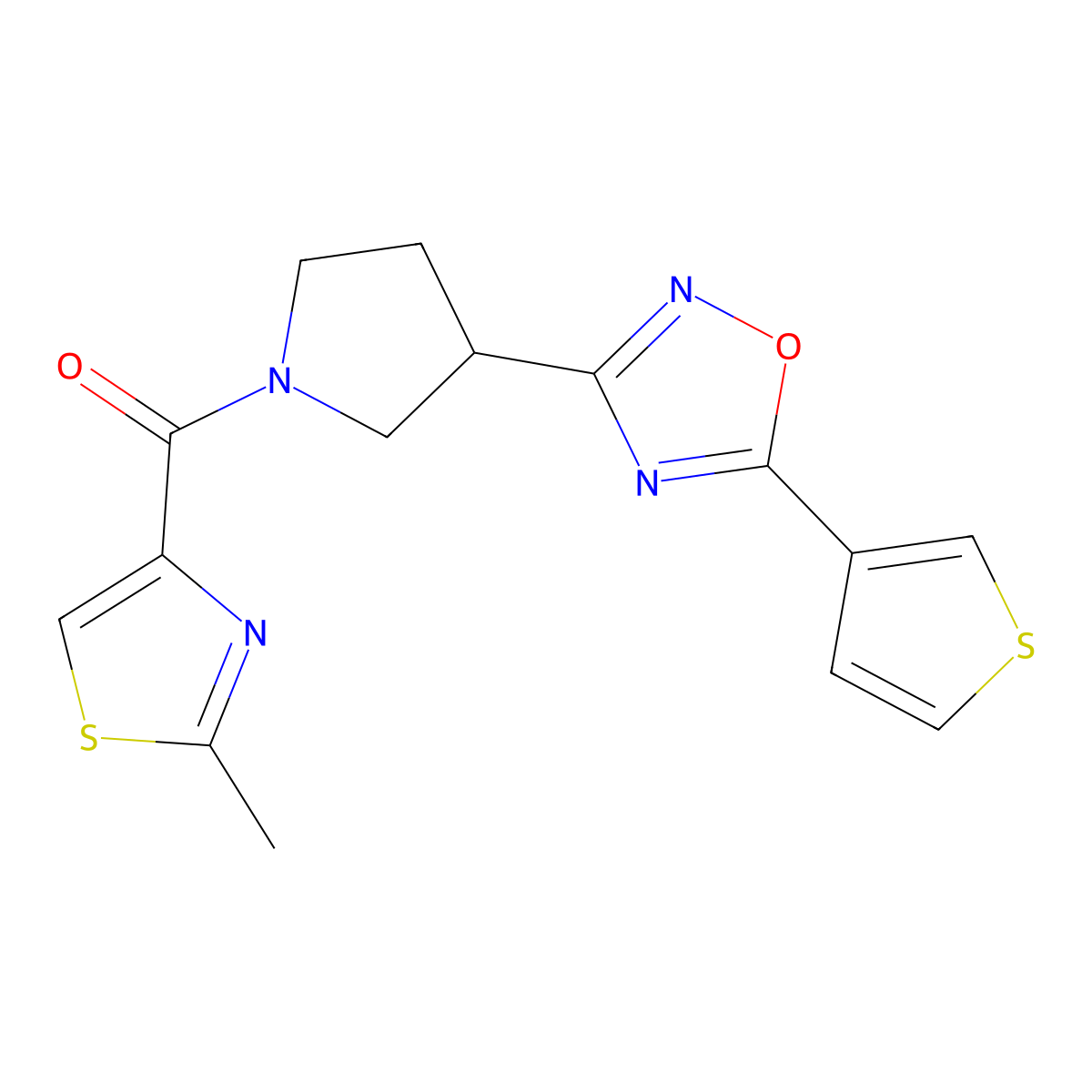 (2-Methylthiazol-4-yl)(3-(5-(thiophen-3-yl)-1,2,4-oxadiazol-3-yl)pyrrolidin-1-yl)methanone molecular structure, CAS 2034320-49-3