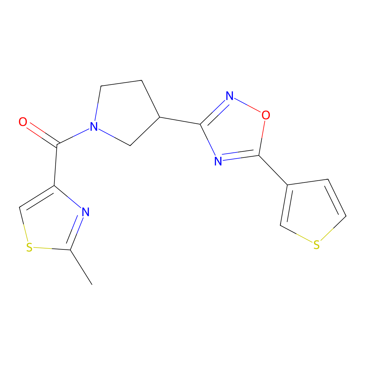 (2-Methylthiazol-4-yl)(3-(5-(thiophen-3-yl)-1,2,4-oxadiazol-3-yl)pyrrolidin-1-yl)methanone molecular structure, CAS 2034320-49-3
