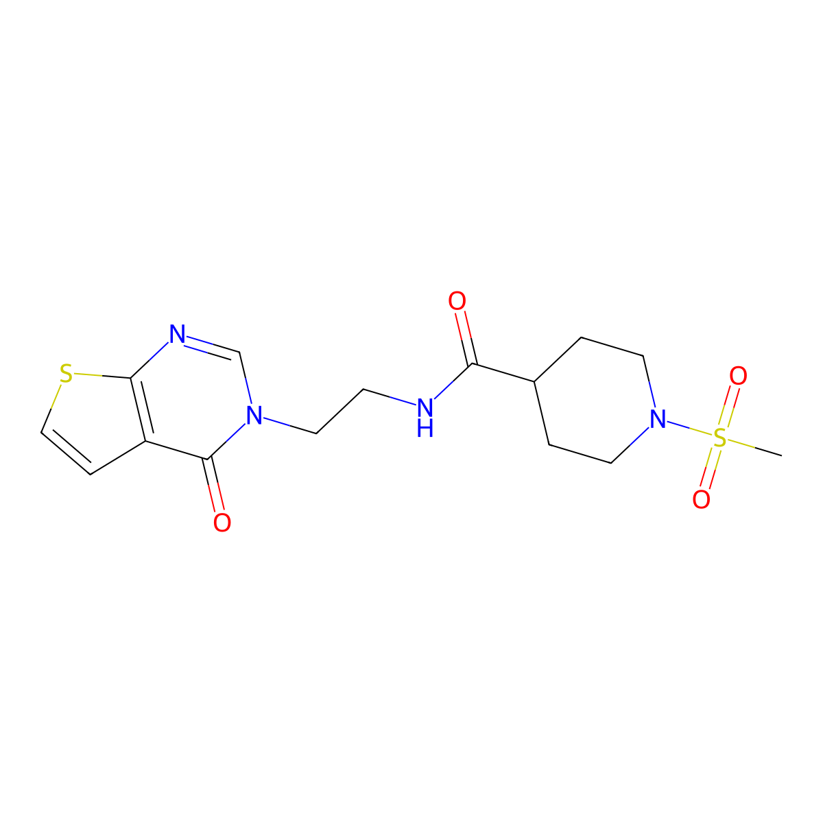 1-(methylsulfonyl)-N-(2-(4-oxothieno[2,3-d]pyrimidin-3(4H)-yl)ethyl)piperidine-4-carboxamide molecular structure, CAS 2034320-50-6