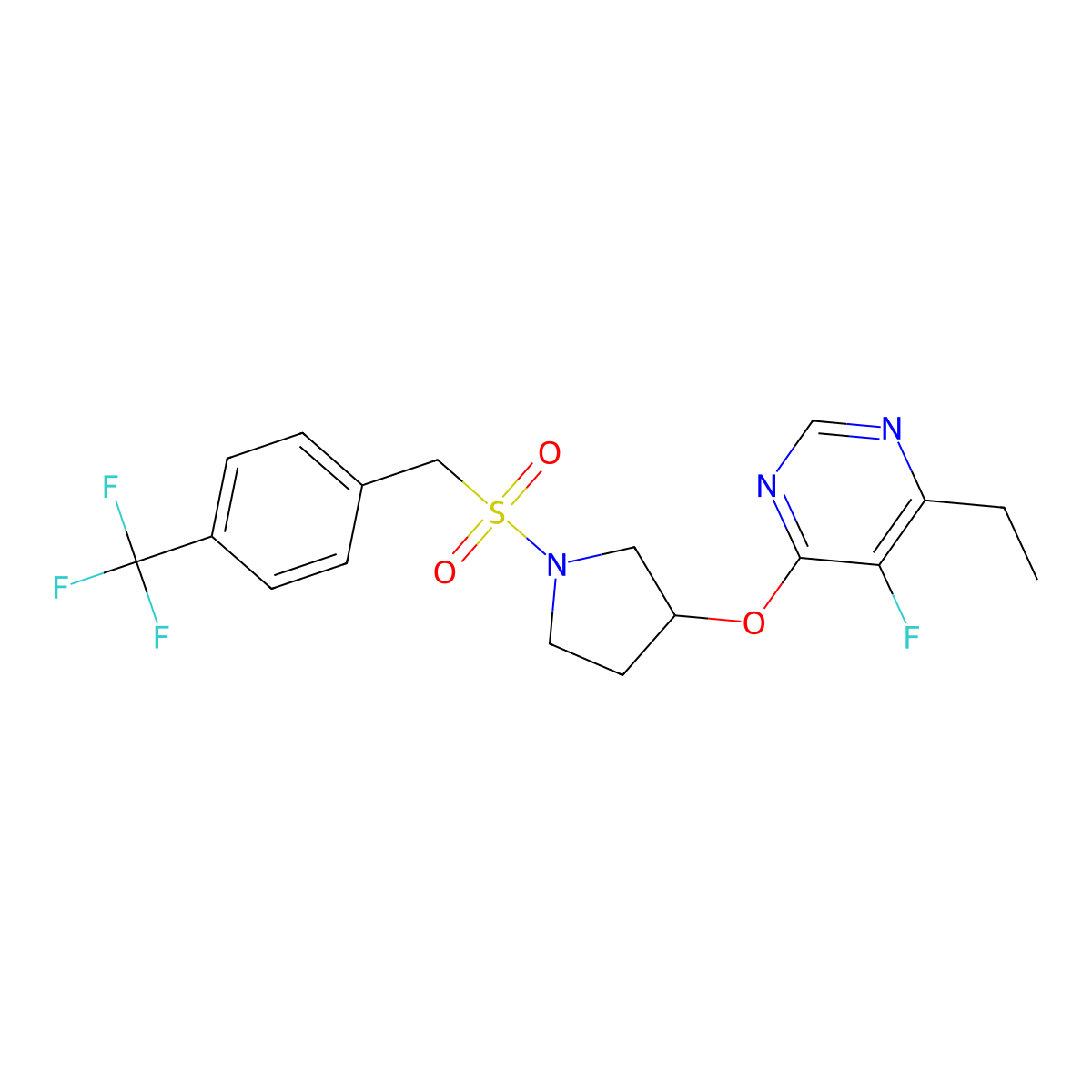 4-Ethyl-5-fluoro-6-((1-((4-(trifluoromethyl)benzyl)sulfonyl)pyrrolidin-3-yl)oxy)pyrimidine molecular structure, CAS 2034320-60-8