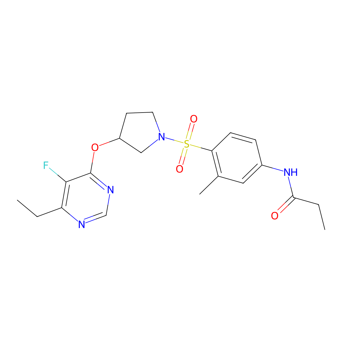 N-(4-((3-((6-ethyl-5-fluoropyrimidin-4-yl)oxy)pyrrolidin-1-yl)sulfonyl)-3-methylphenyl)propionamide molecular structure, CAS 2034320-65-3