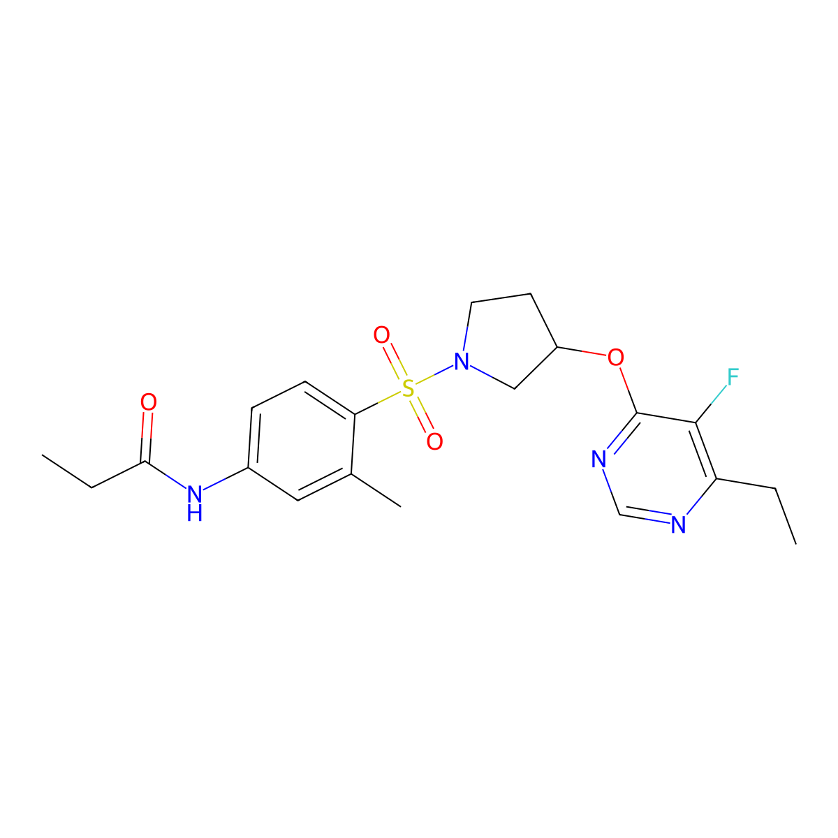 N-(4-((3-((6-ethyl-5-fluoropyrimidin-4-yl)oxy)pyrrolidin-1-yl)sulfonyl)-3-methylphenyl)propionamide molecular structure, CAS 2034320-65-3