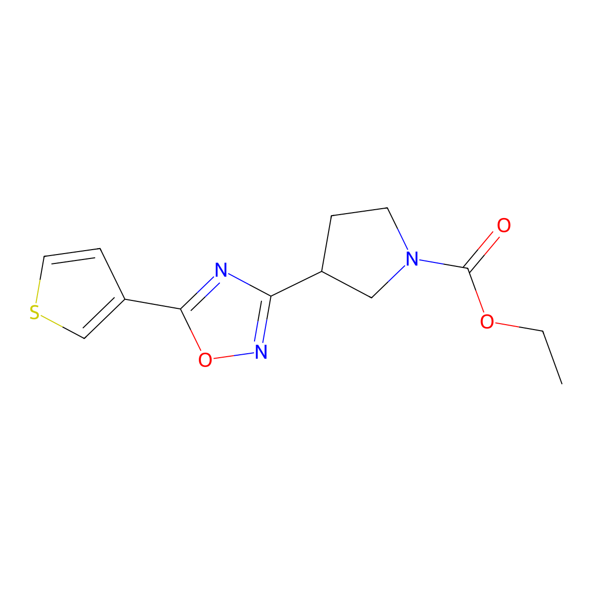 Ethyl 3-[5-(thiophen-3-yl)-1,2,4-oxadiazol-3-yl]pyrrolidine-1-carboxylate molecular structure, CAS 2034320-71-1