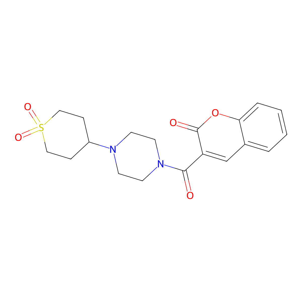 3-(4-(1,1-dioxidotetrahydro-2H-thiopyran-4-yl)piperazine-1-carbonyl)-2H-chromen-2-one molecular structure, CAS 2034320-73-3
