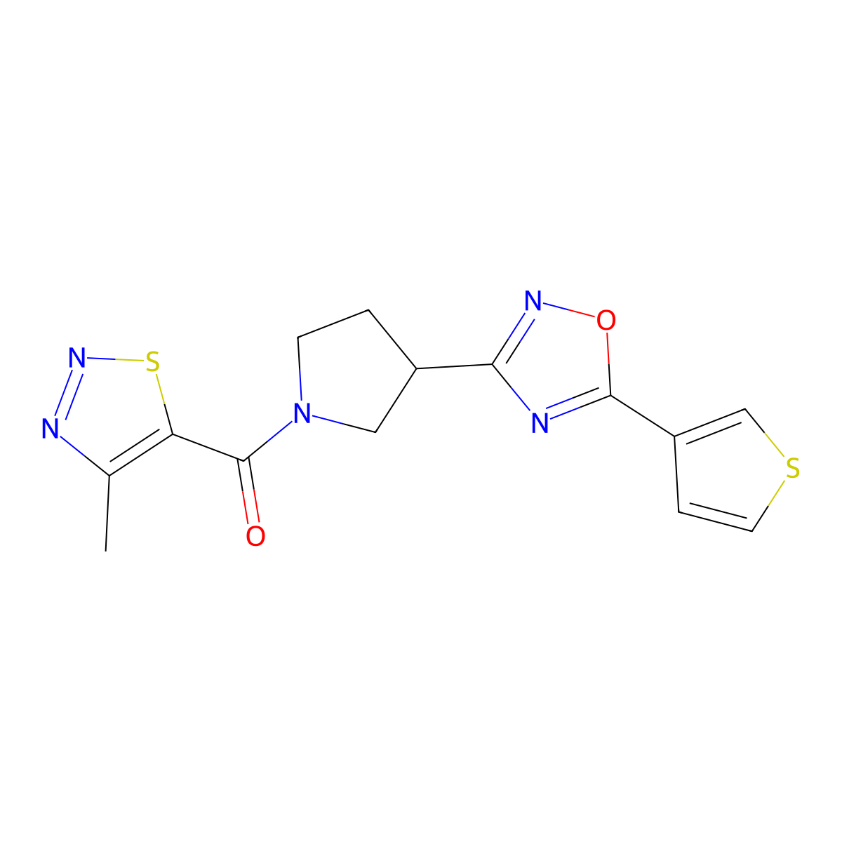 (4-Methyl-1,2,3-thiadiazol-5-yl)(3-(5-(thiophen-3-yl)-1,2,4-oxadiazol-3-yl)pyrrolidin-1-yl)methanone molecular structure, CAS 2034320-77-7