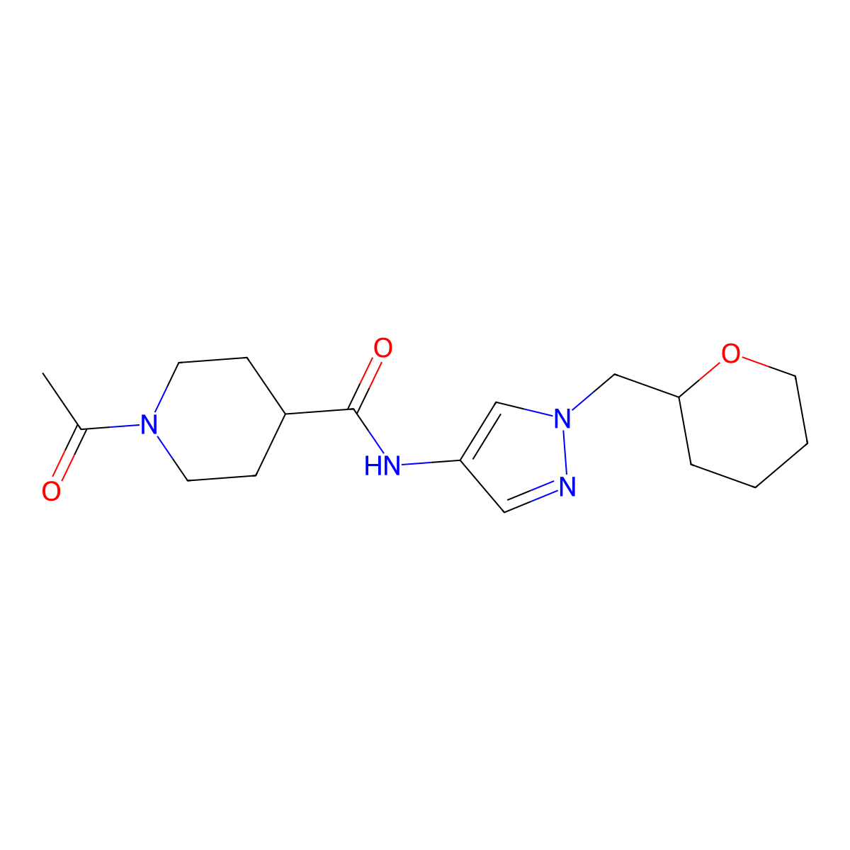 1-acetyl-N-(1-((tetrahydro-2H-pyran-2-yl)methyl)-1H-pyrazol-4-yl)piperidine-4-carboxamide molecular structure, CAS 2034320-78-8