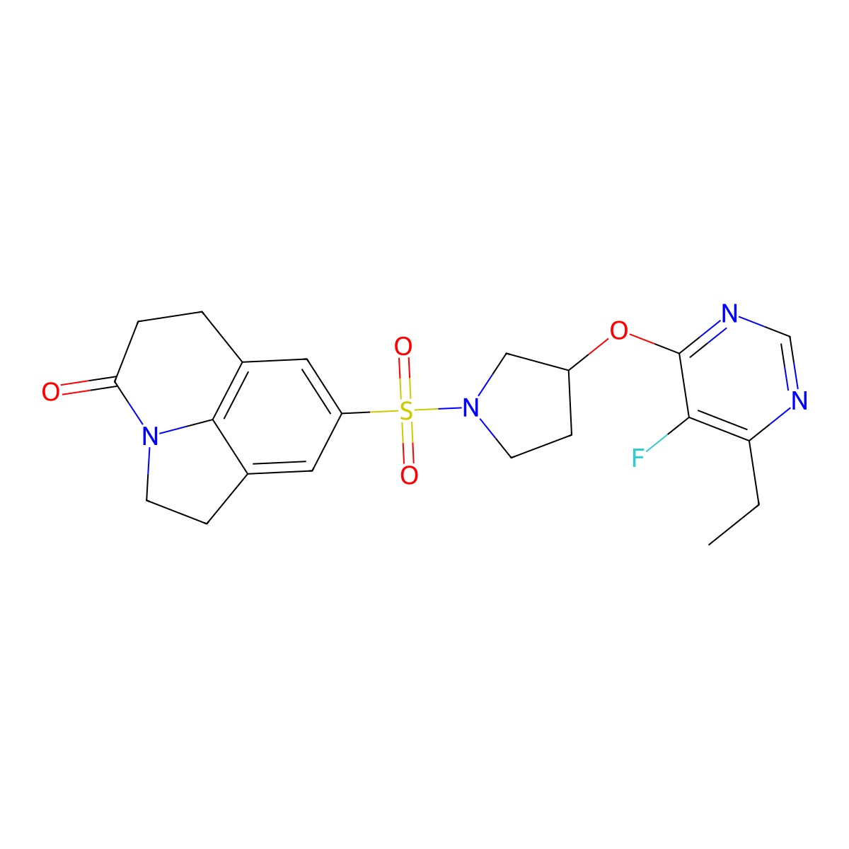 8-((3-((6-ethyl-5-fluoropyrimidin-4-yl)oxy)pyrrolidin-1-yl)sulfonyl)-5,6-dihydro-1H-pyrrolo[3,2,1-ij]quinolin-4(2H)-one molecular structure, CAS 2034320-79-9
