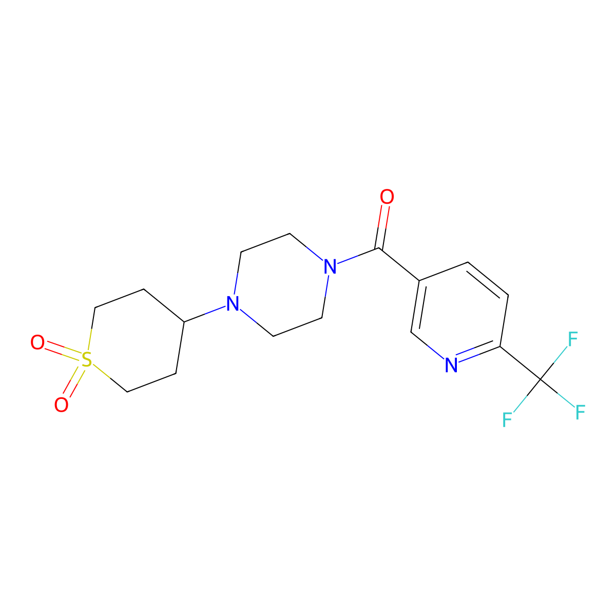 (4-(1,1-dioxidotetrahydro-2H-thiopyran-4-yl)piperazin-1-yl)(6-(trifluoromethyl)pyridin-3-yl)methanone molecular structure, CAS 2034320-81-3
