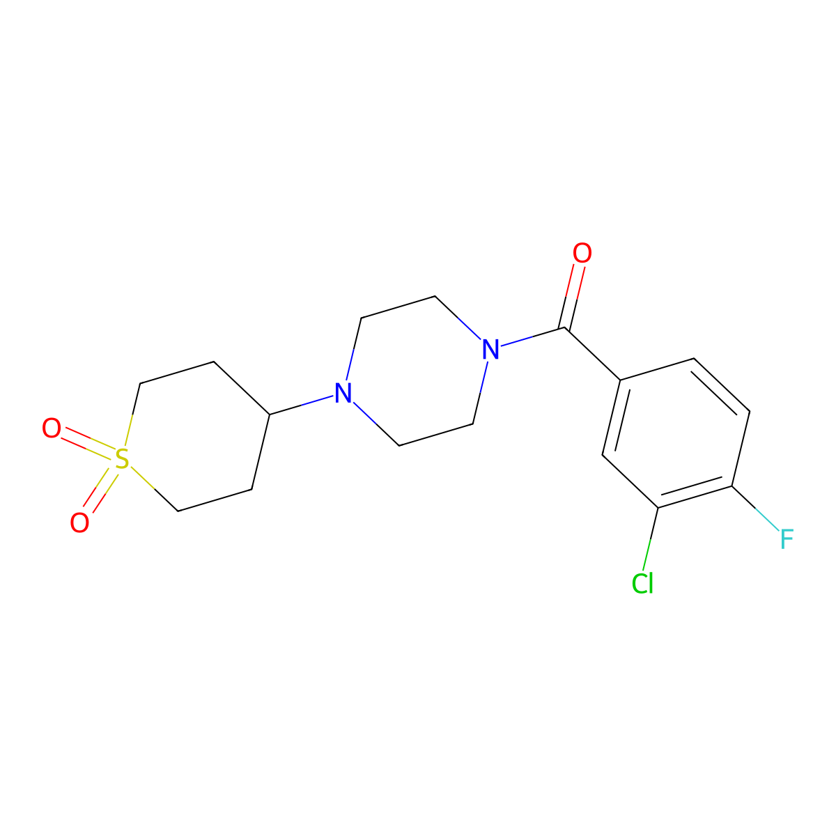 (3-chloro-4-fluorophenyl)(4-(1,1-dioxidotetrahydro-2H-thiopyran-4-yl)piperazin-1-yl)methanone molecular structure, CAS 2034320-86-8