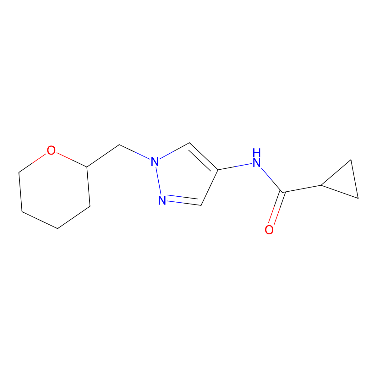 N-(1-((tetrahydro-2H-pyran-2-yl)methyl)-1H-pyrazol-4-yl)cyclopropanecarboxamide molecular structure, CAS 2034320-90-4