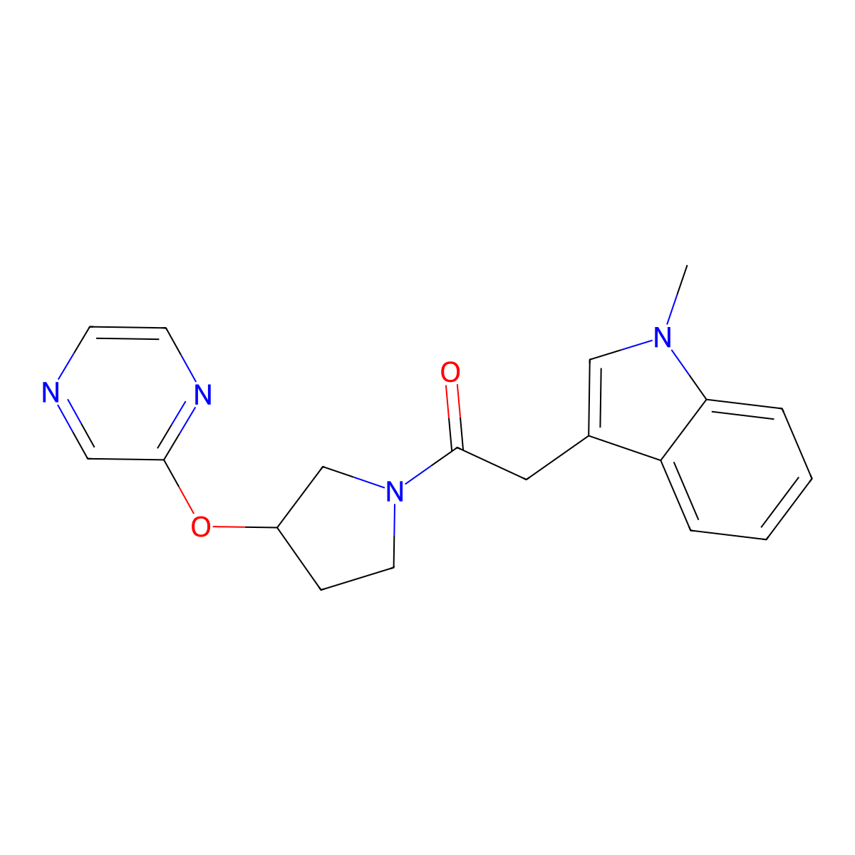 2-(1-methyl-1H-indol-3-yl)-1-(3-(pyrazin-2-yloxy)pyrrolidin-1-yl)ethanone molecular structure, CAS 2034320-96-0