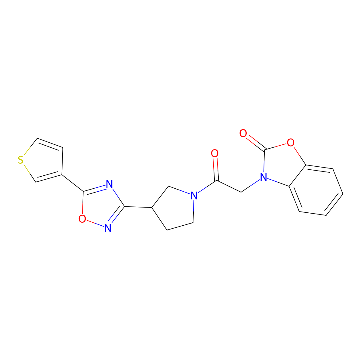 3-(2-oxo-2-(3-(5-(thiophen-3-yl)-1,2,4-oxadiazol-3-yl)pyrrolidin-1-yl)ethyl)benzo[d]oxazol-2(3H)-one molecular structure, CAS 2034320-99-3