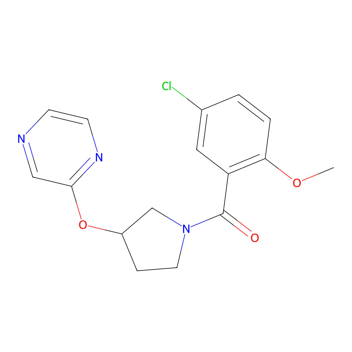 (5-Chloro-2-methoxyphenyl)(3-(pyrazin-2-yloxy)pyrrolidin-1-yl)methanone molecular structure, CAS 2034321-04-3