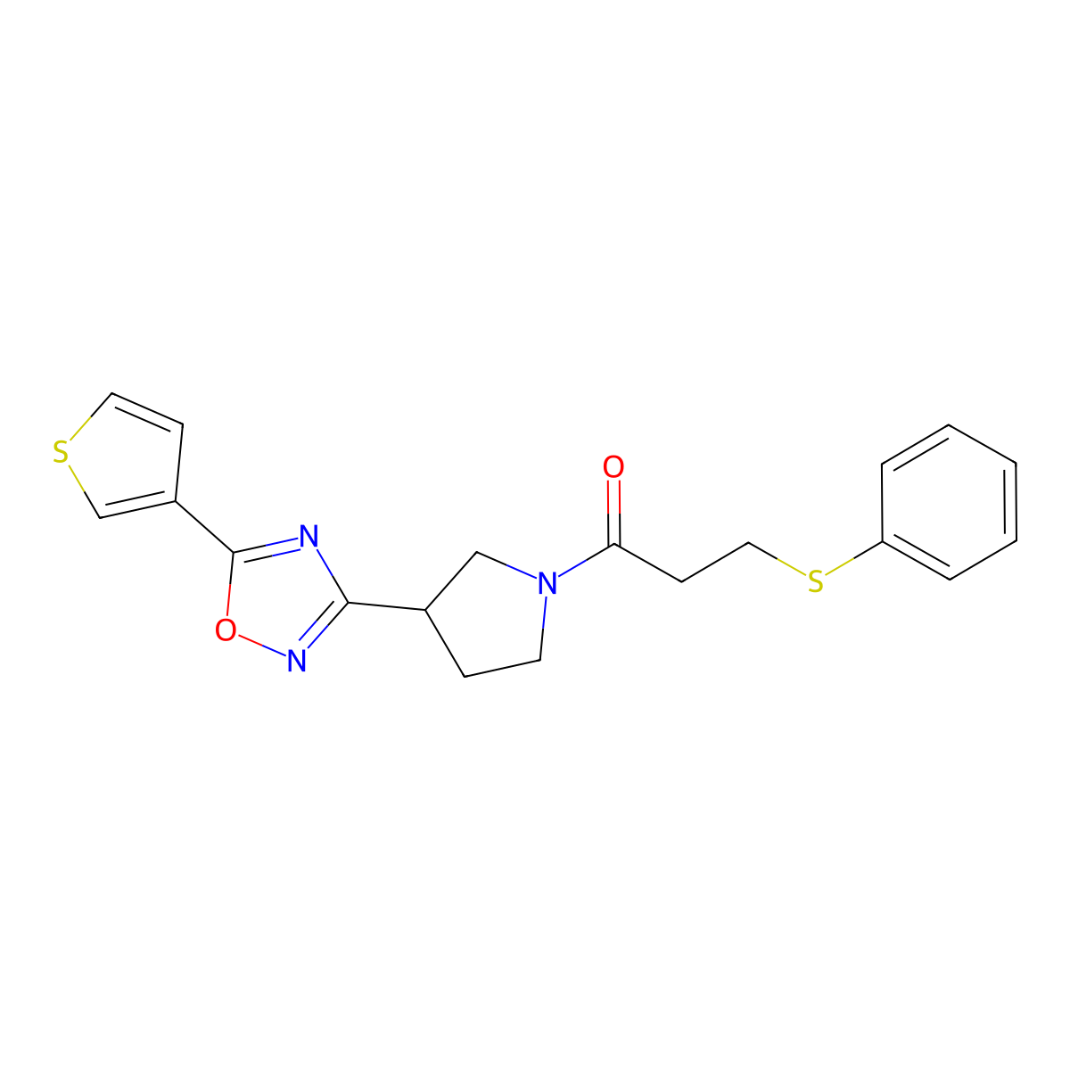 3-(Phenylthio)-1-(3-(5-(thiophen-3-yl)-1,2,4-oxadiazol-3-yl)pyrrolidin-1-yl)propan-1-one molecular structure, CAS 2034321-09-8