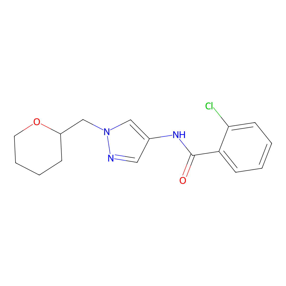 2-chloro-N-(1-((tetrahydro-2H-pyran-2-yl)methyl)-1H-pyrazol-4-yl)benzamide molecular structure, CAS 2034321-11-2