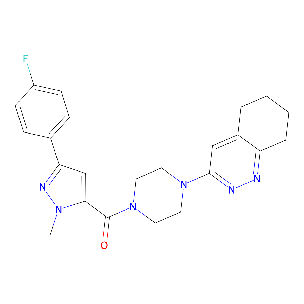 (3-(4-fluorophenyl)-1-methyl-1H-pyrazol-5-yl)(4-(5,6,7,8-tetrahydrocinnolin-3-yl)piperazin-1-yl)methanone molecular structure, CAS 2034321-12-3