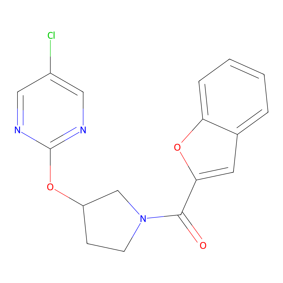 Benzofuran-2-yl(3-((5-chloropyrimidin-2-yl)oxy)pyrrolidin-1-yl)methanone molecular structure, CAS 2034321-17-8