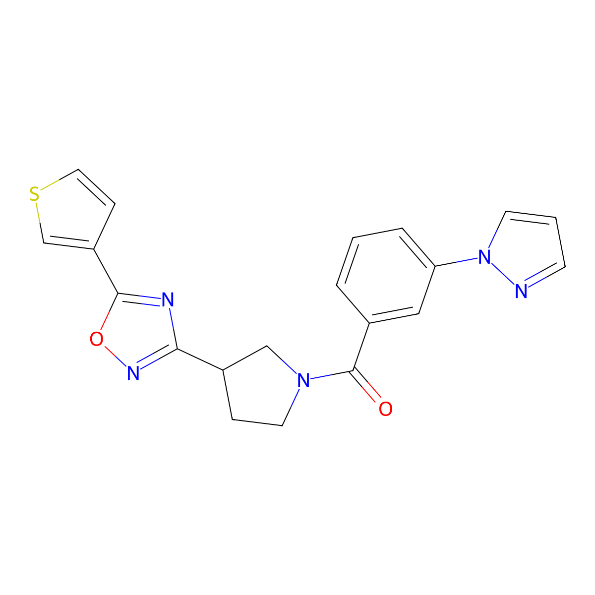 (3-(1H-pyrazol-1-yl)phenyl)(3-(5-(thiophen-3-yl)-1,2,4-oxadiazol-3-yl)pyrrolidin-1-yl)methanone molecular structure, CAS 2034321-18-9