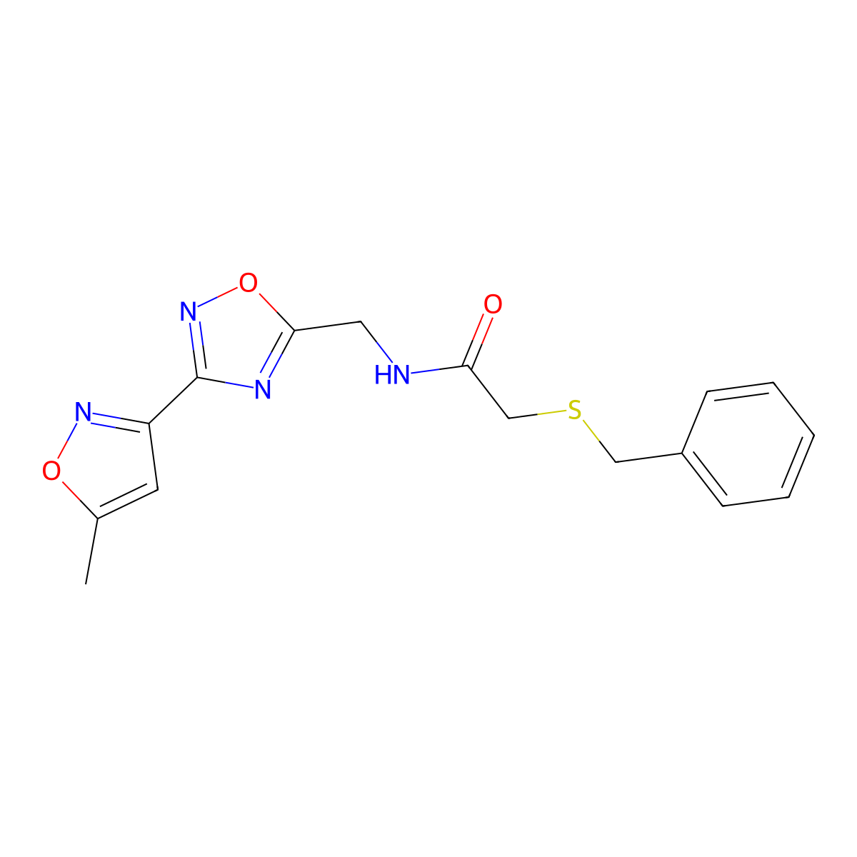 2-(benzylthio)-N-((3-(5-methylisoxazol-3-yl)-1,2,4-oxadiazol-5-yl)methyl)acetamide molecular structure, CAS 2034321-19-0