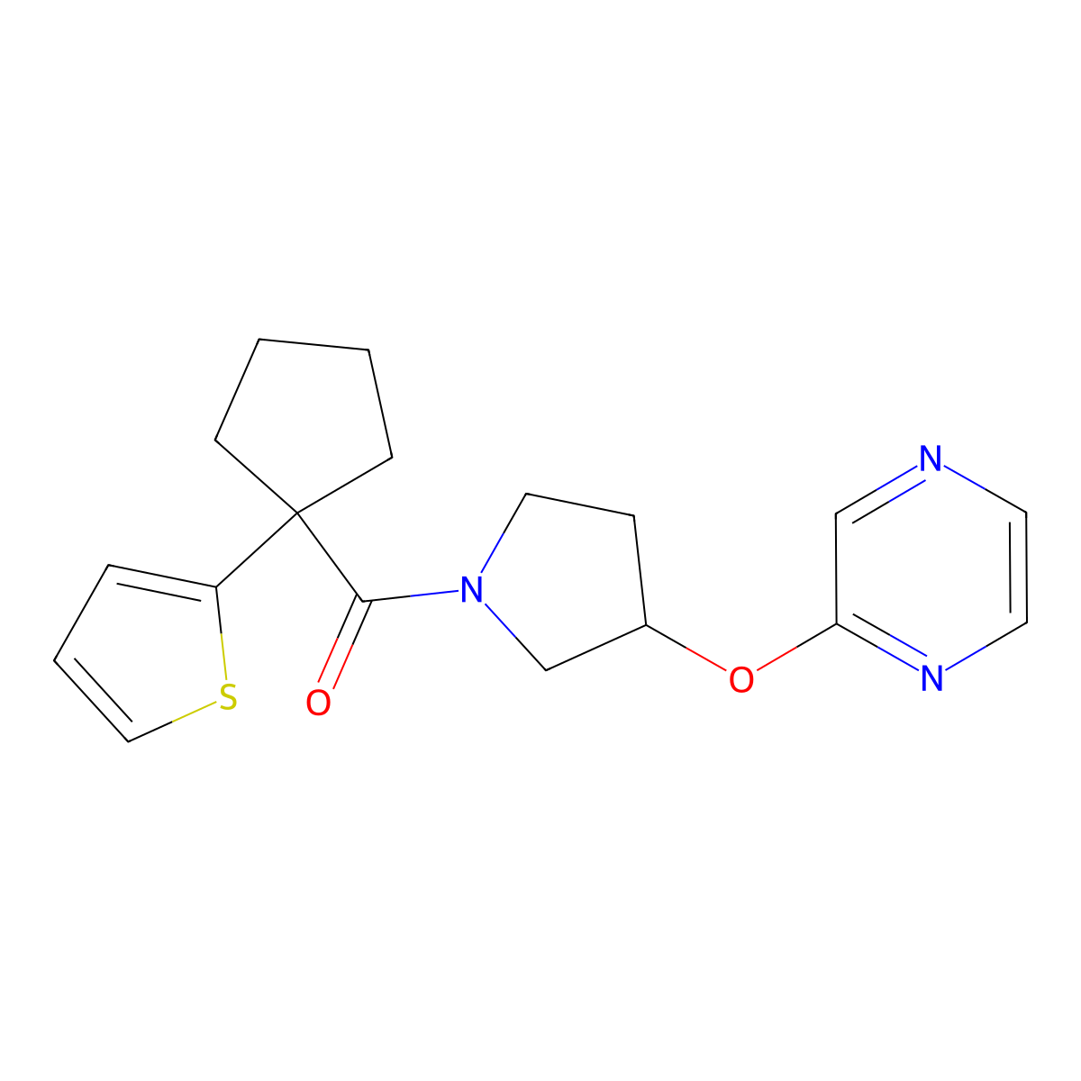 (3-(Pyrazin-2-yloxy)pyrrolidin-1-yl)(1-(thiophen-2-yl)cyclopentyl)methanone molecular structure, CAS 2034321-21-4