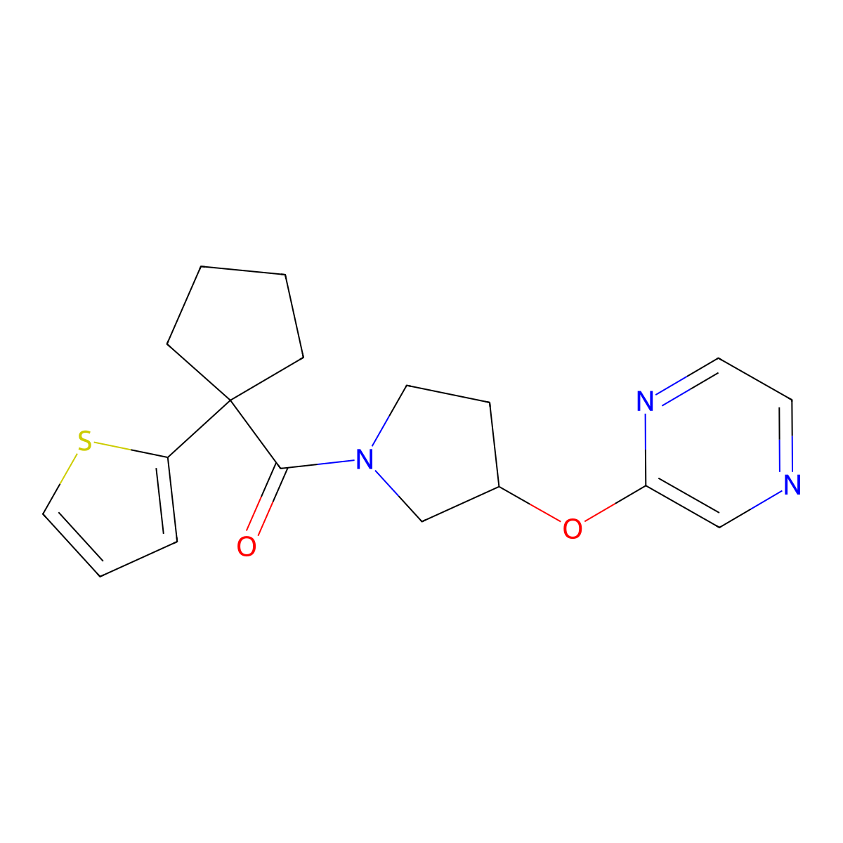 (3-(Pyrazin-2-yloxy)pyrrolidin-1-yl)(1-(thiophen-2-yl)cyclopentyl)methanone molecular structure, CAS 2034321-21-4