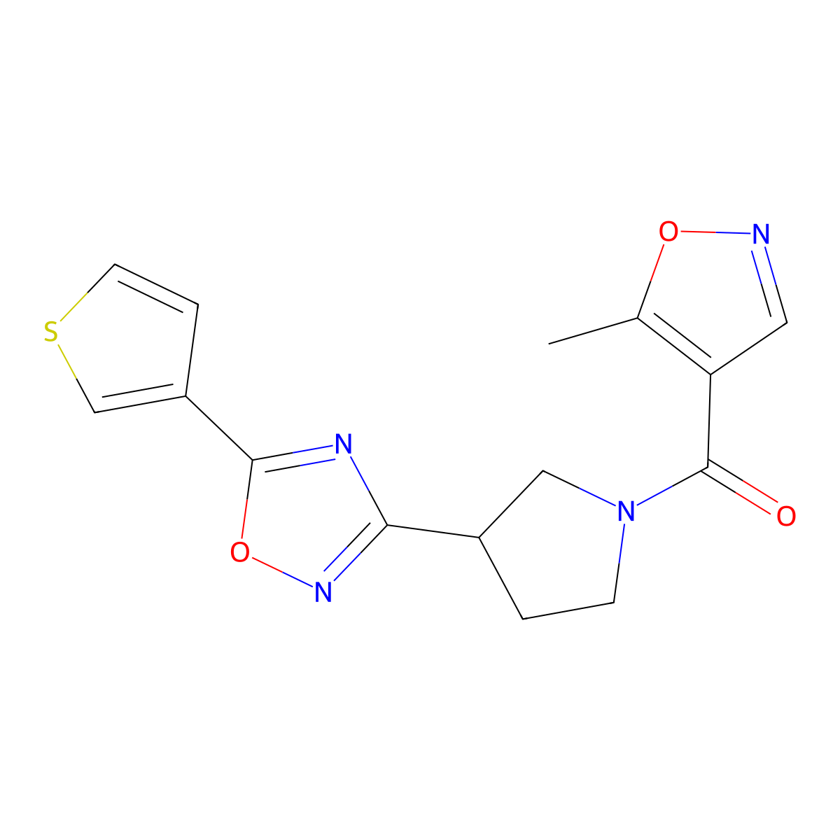 (5-Methylisoxazol-4-yl)(3-(5-(thiophen-3-yl)-1,2,4-oxadiazol-3-yl)pyrrolidin-1-yl)methanone molecular structure, CAS 2034321-22-5