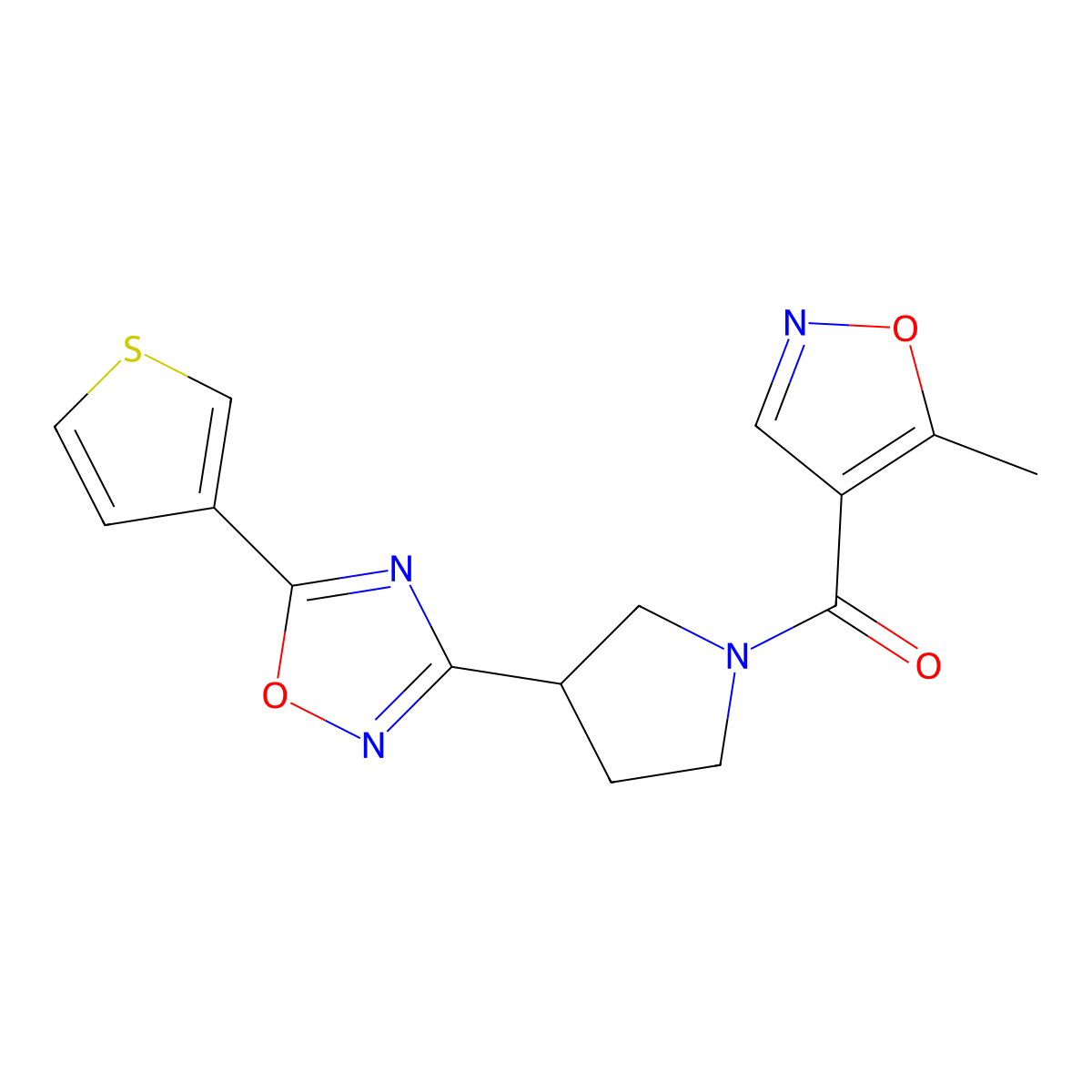 (5-Methylisoxazol-4-yl)(3-(5-(thiophen-3-yl)-1,2,4-oxadiazol-3-yl)pyrrolidin-1-yl)methanone molecular structure, CAS 2034321-22-5