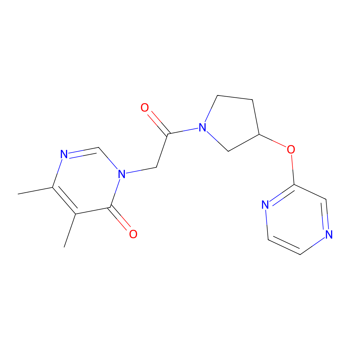 5,6-dimethyl-3-(2-oxo-2-(3-(pyrazin-2-yloxy)pyrrolidin-1-yl)ethyl)pyrimidin-4(3H)-one molecular structure, CAS 2034321-26-9
