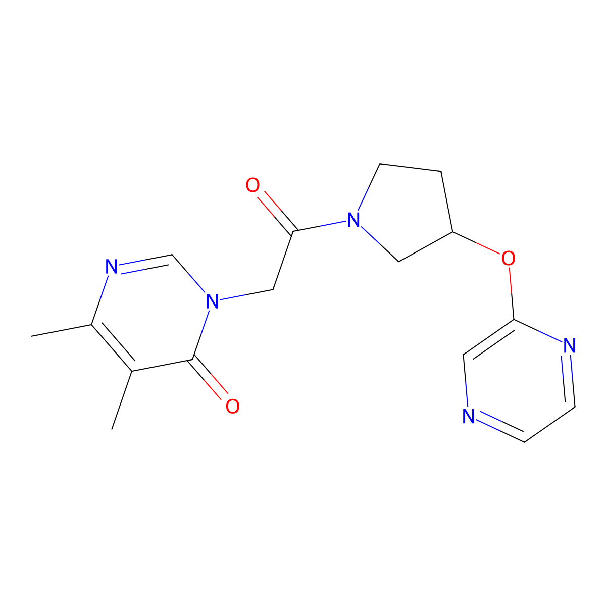 5,6-dimethyl-3-(2-oxo-2-(3-(pyrazin-2-yloxy)pyrrolidin-1-yl)ethyl)pyrimidin-4(3H)-one molecular structure, CAS 2034321-26-9