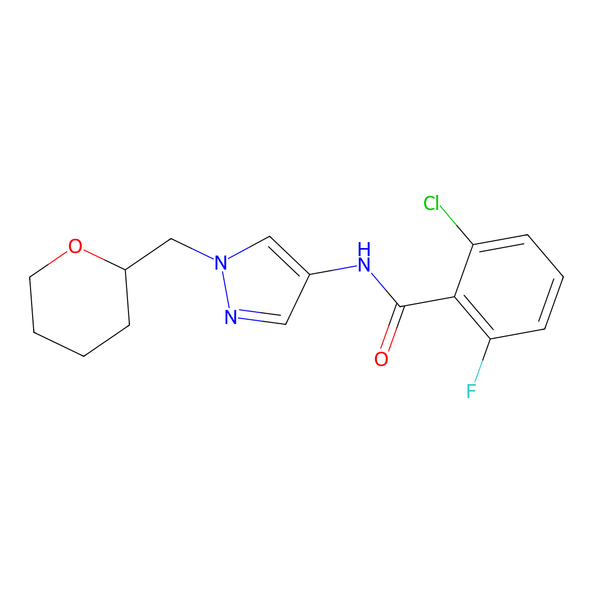 2-chloro-6-fluoro-N-(1-((tetrahydro-2H-pyran-2-yl)methyl)-1H-pyrazol-4-yl)benzamide molecular structure, CAS 2034321-28-1