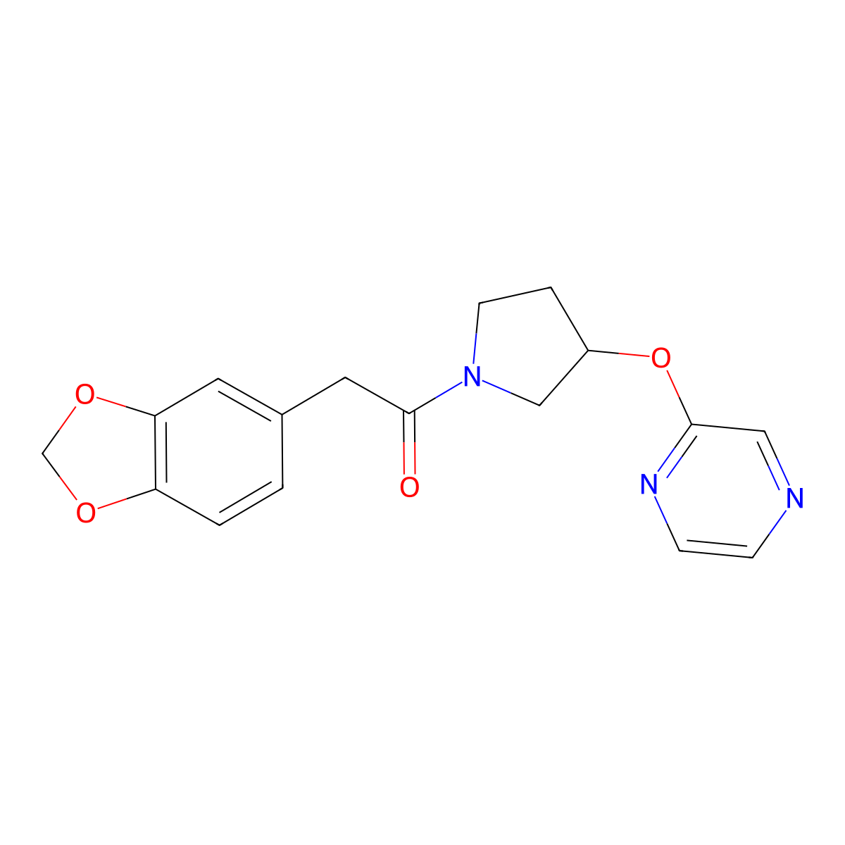 2-(Benzo[d][1,3]dioxol-5-yl)-1-(3-(pyrazin-2-yloxy)pyrrolidin-1-yl)ethanone molecular structure, CAS 2034321-33-8
