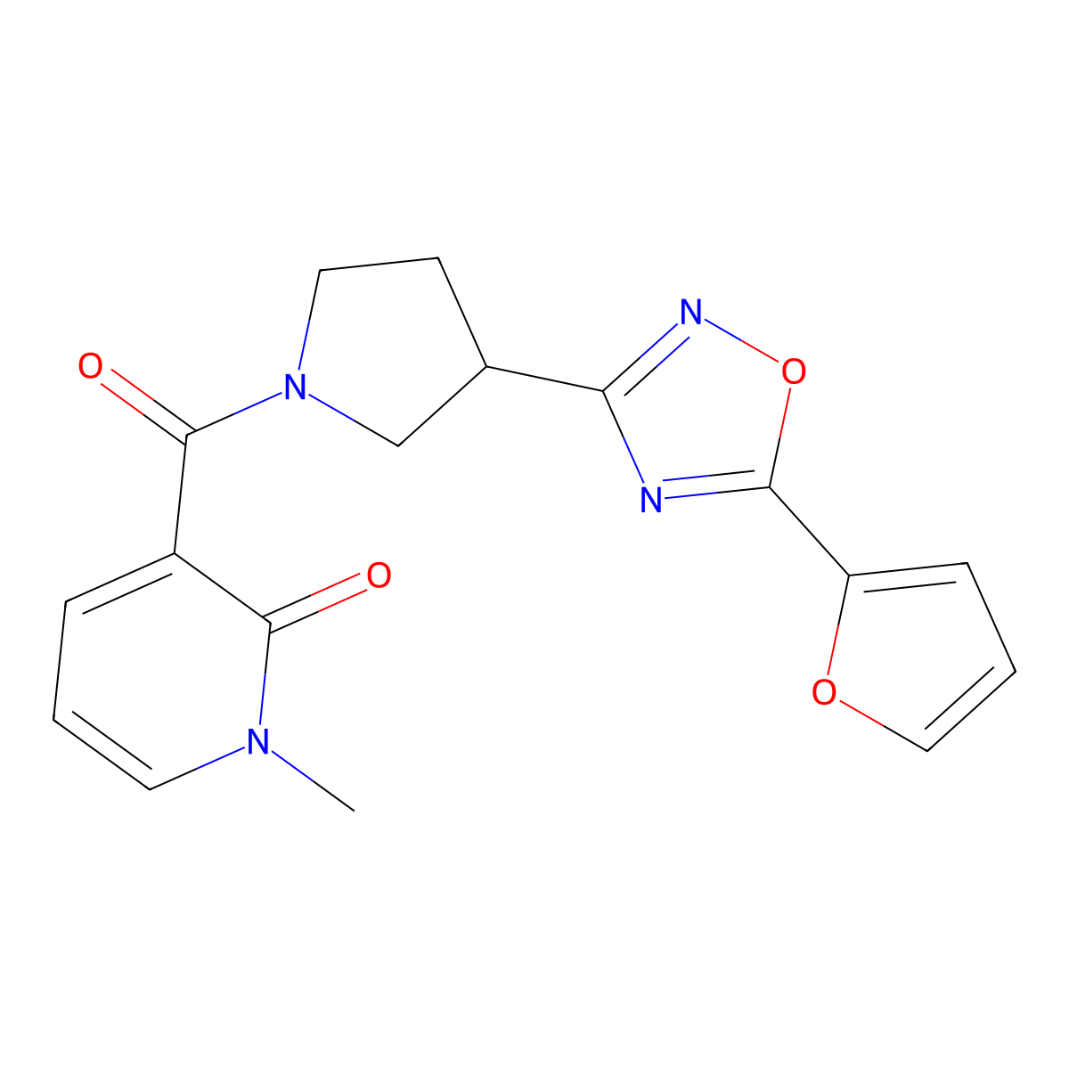3-(3-(5-(furan-2-yl)-1,2,4-oxadiazol-3-yl)pyrrolidine-1-carbonyl)-1-methylpyridin-2(1H)-one molecular structure, CAS 2034321-34-9