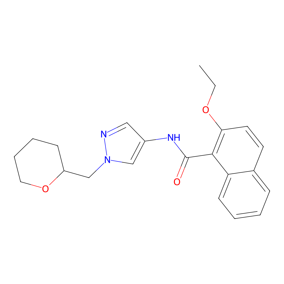 2-ethoxy-N-(1-((tetrahydro-2H-pyran-2-yl)methyl)-1H-pyrazol-4-yl)-1-naphthamide molecular structure, CAS 2034321-37-2