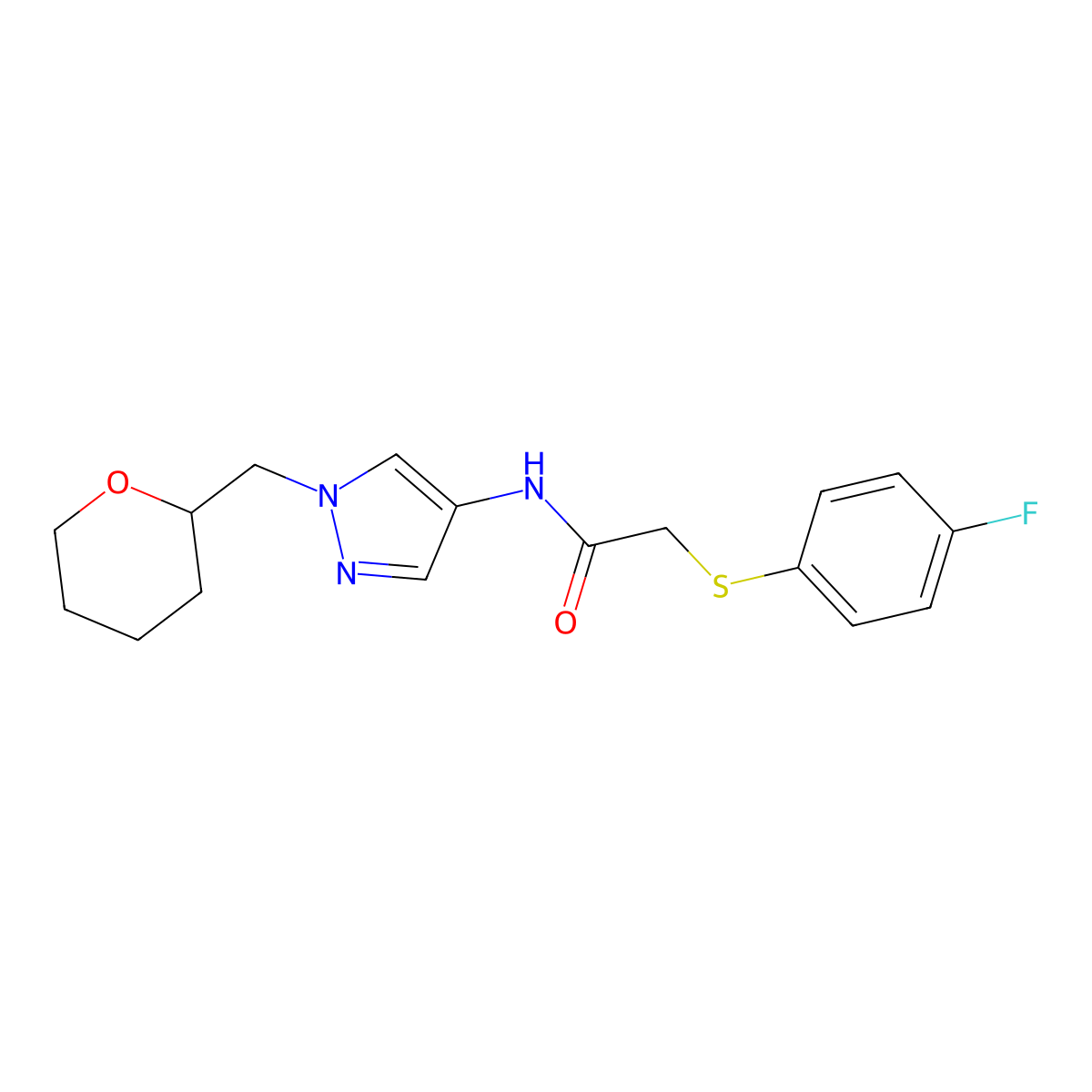 2-((4-fluorophenyl)thio)-N-(1-((tetrahydro-2H-pyran-2-yl)methyl)-1H-pyrazol-4-yl)acetamide molecular structure, CAS 2034321-41-8