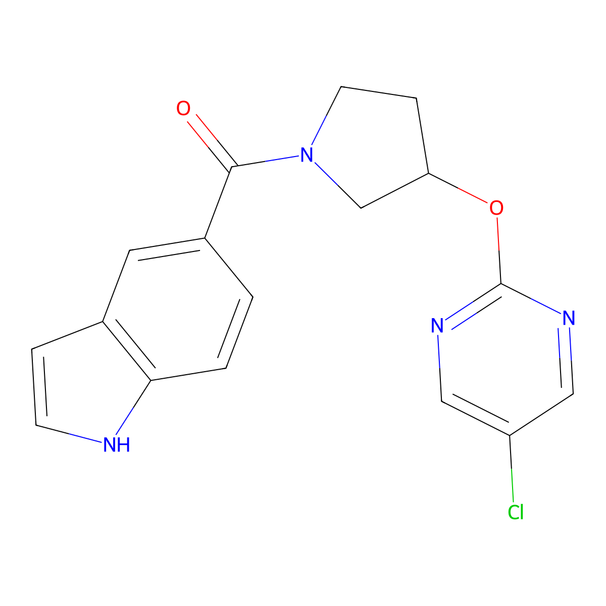 (3-((5-chloropyrimidin-2-yl)oxy)pyrrolidin-1-yl)(1H-indol-5-yl)methanone molecular structure, CAS 2034321-42-9