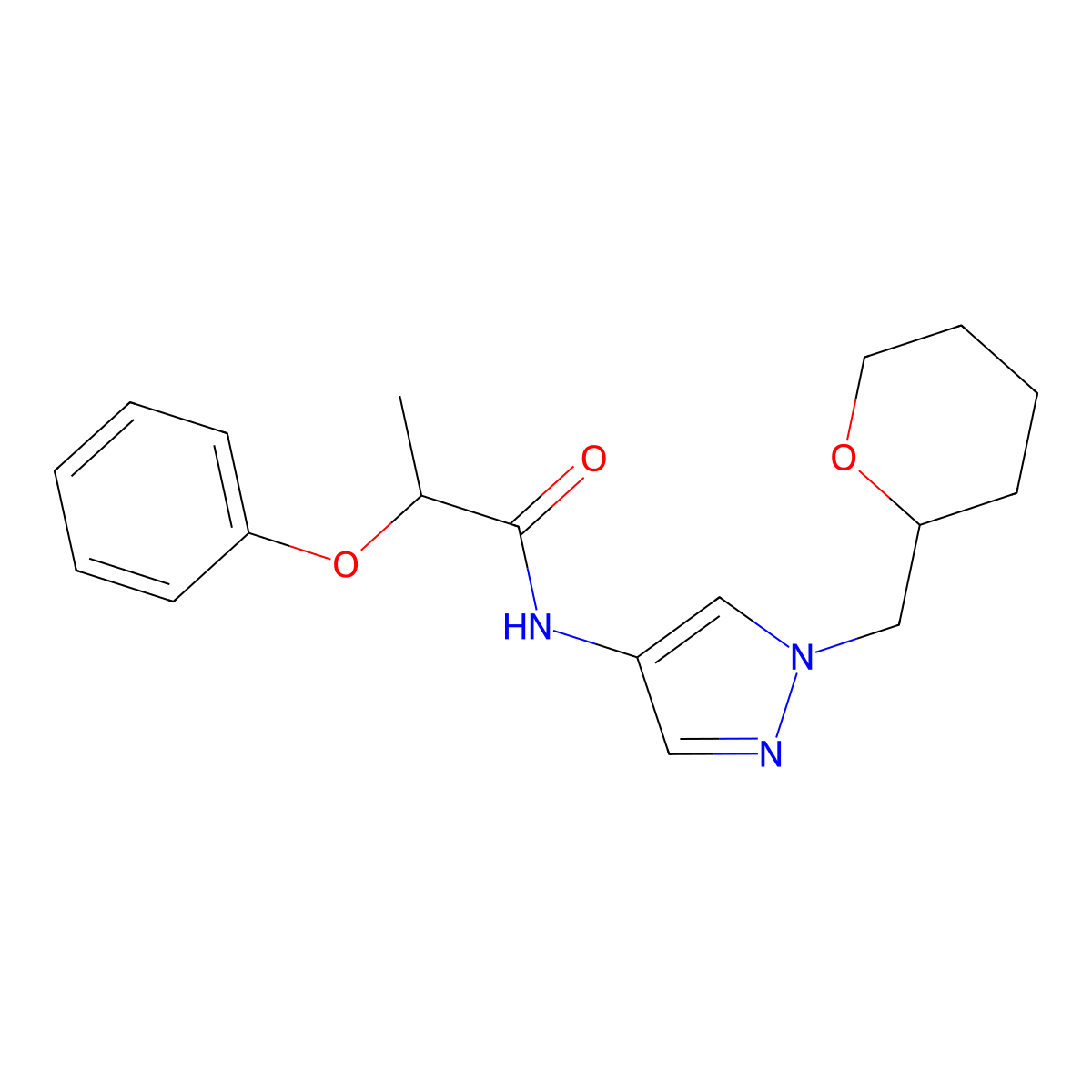 2-phenoxy-N-(1-((tetrahydro-2H-pyran-2-yl)methyl)-1H-pyrazol-4-yl)propanamide molecular structure, CAS 2034321-48-5
