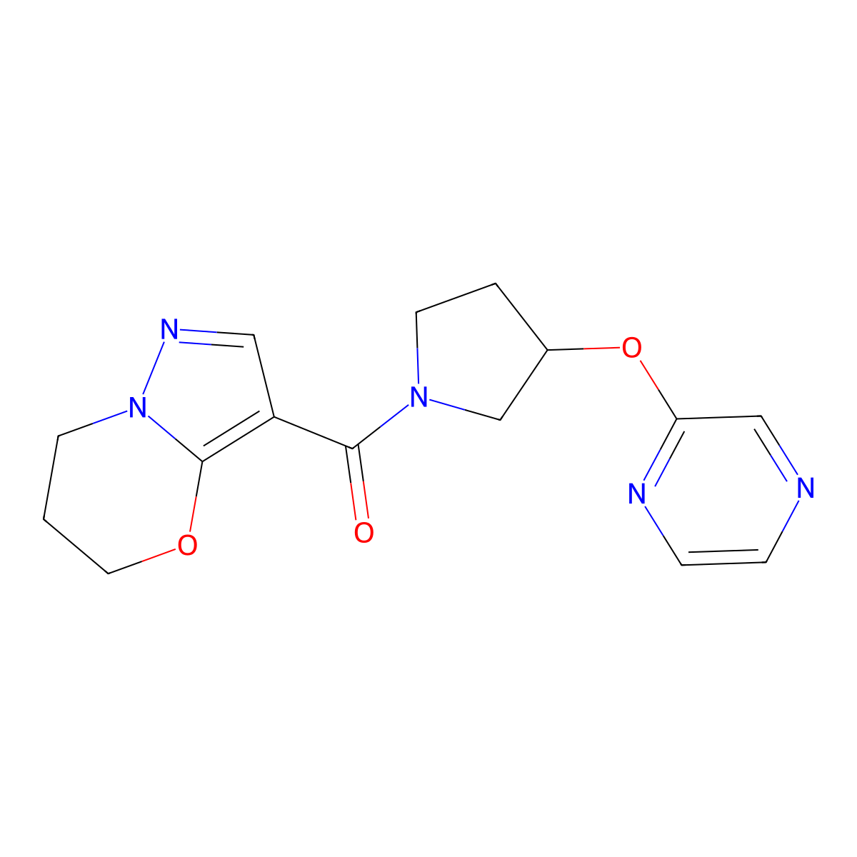 (6,7-dihydro-5H-pyrazolo[5,1-b][1,3]oxazin-3-yl)(3-(pyrazin-2-yloxy)pyrrolidin-1-yl)methanone molecular structure, CAS 2034321-52-1