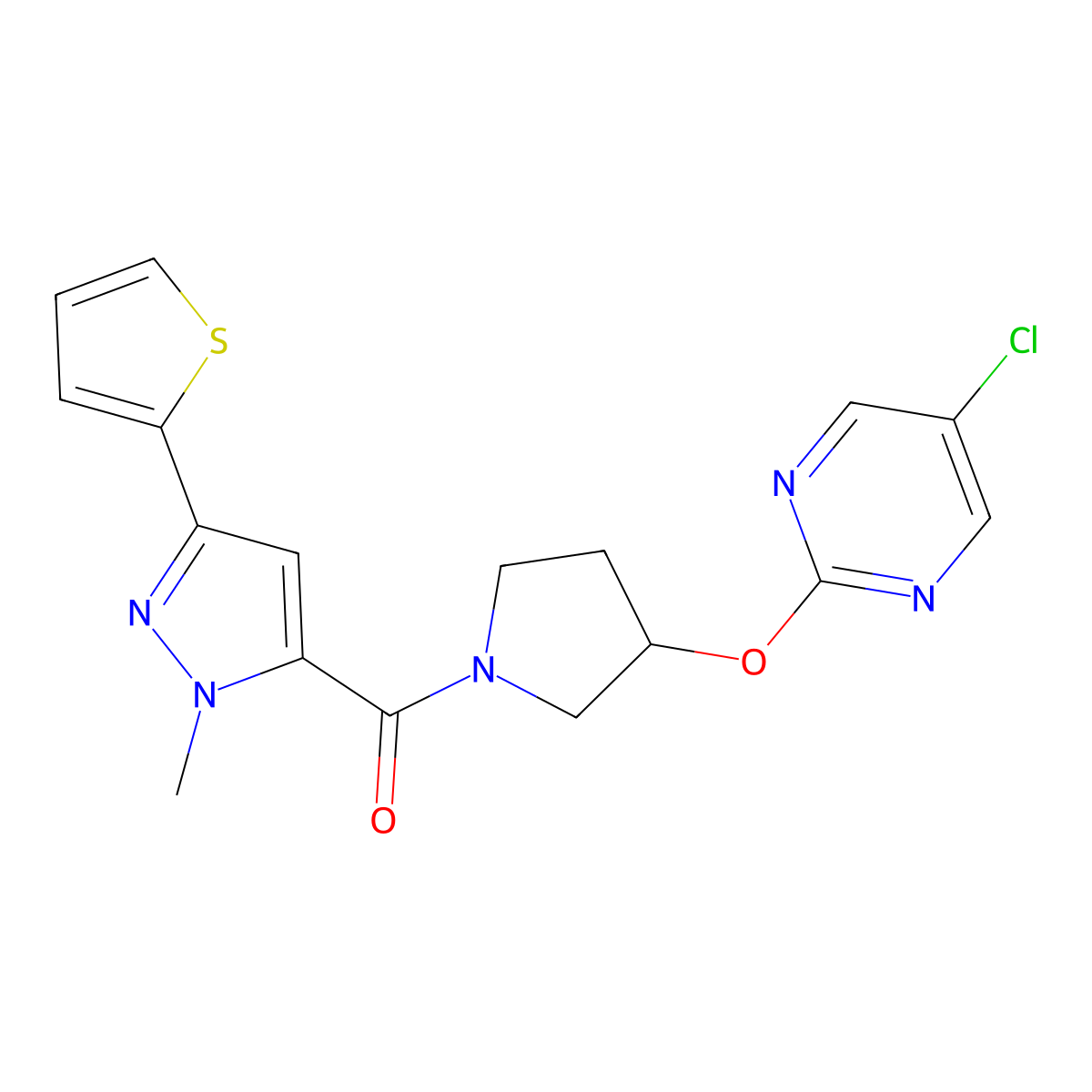 (3-((5-chloropyrimidin-2-yl)oxy)pyrrolidin-1-yl)(1-methyl-3-(thiophen-2-yl)-1H-pyrazol-5-yl)methanone molecular structure, CAS 2034321-56-5