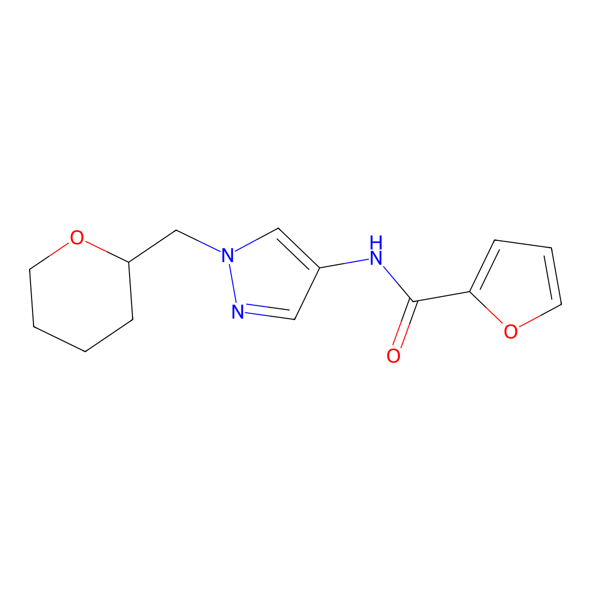 N-(1-((tetrahydro-2H-pyran-2-yl)methyl)-1H-pyrazol-4-yl)furan-2-carboxamide molecular structure, CAS 2034321-58-7