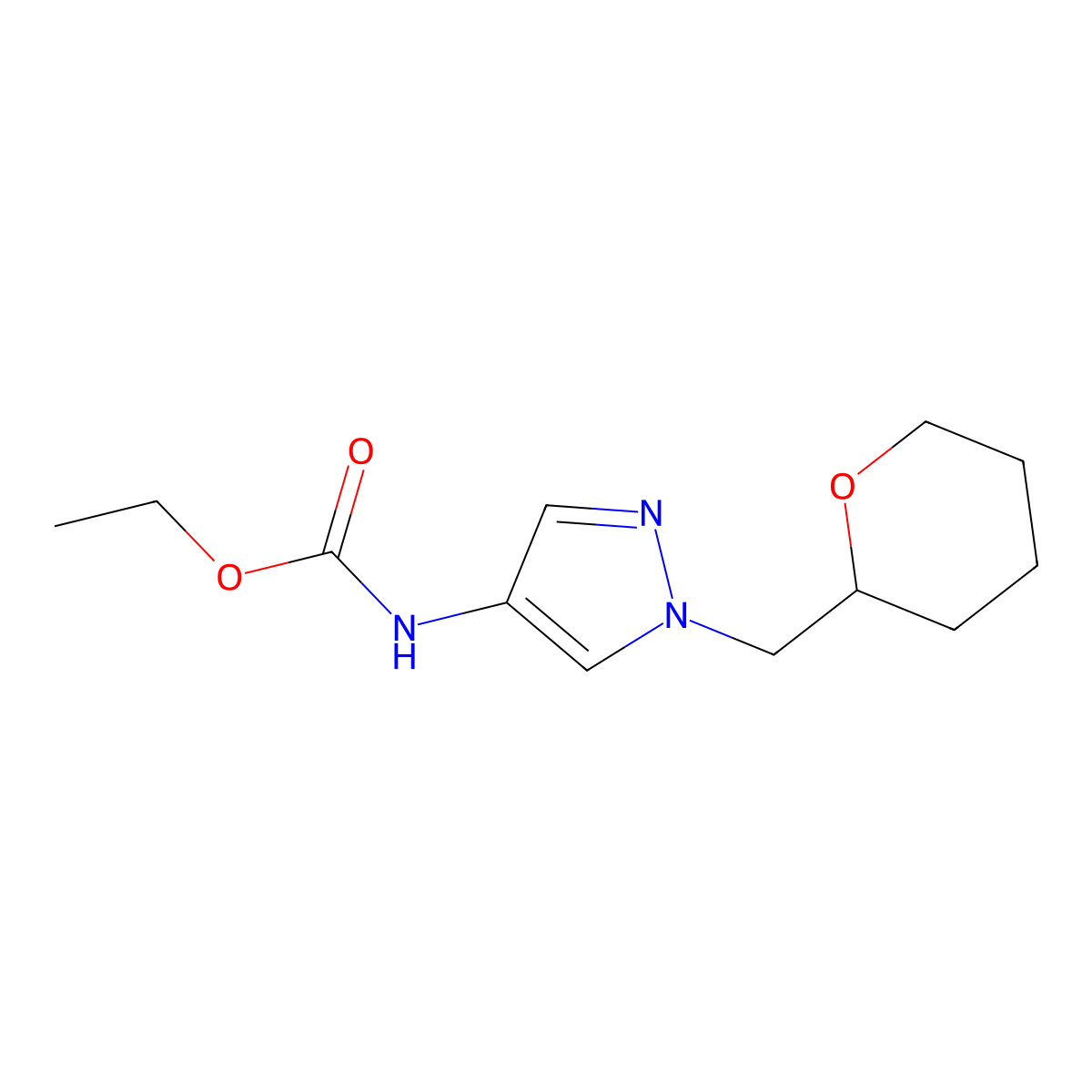 ethyl (1-((tetrahydro-2H-pyran-2-yl)methyl)-1H-pyrazol-4-yl)carbamate molecular structure, CAS 2034321-61-2
