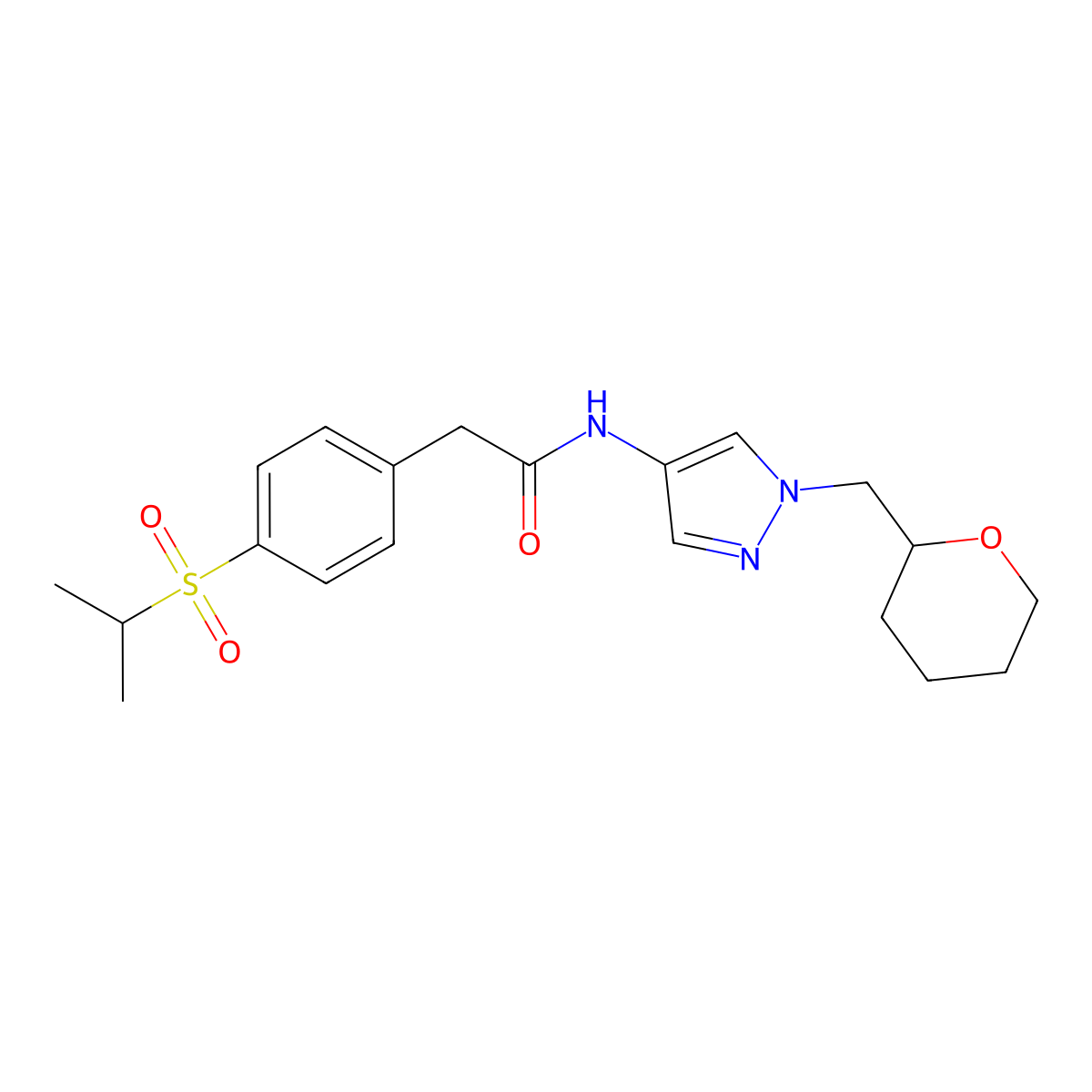 2-(4-(isopropylsulfonyl)phenyl)-N-(1-((tetrahydro-2H-pyran-2-yl)methyl)-1H-pyrazol-4-yl)acetamide molecular structure, CAS 2034321-62-3