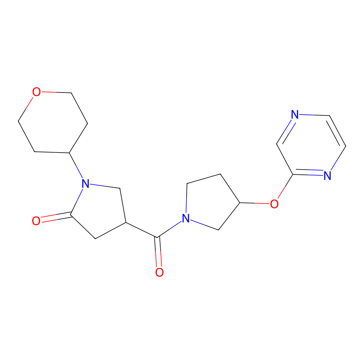 4-(3-(pyrazin-2-yloxy)pyrrolidine-1-carbonyl)-1-(tetrahydro-2H-pyran-4-yl)pyrrolidin-2-one molecular structure, CAS 2034321-63-4