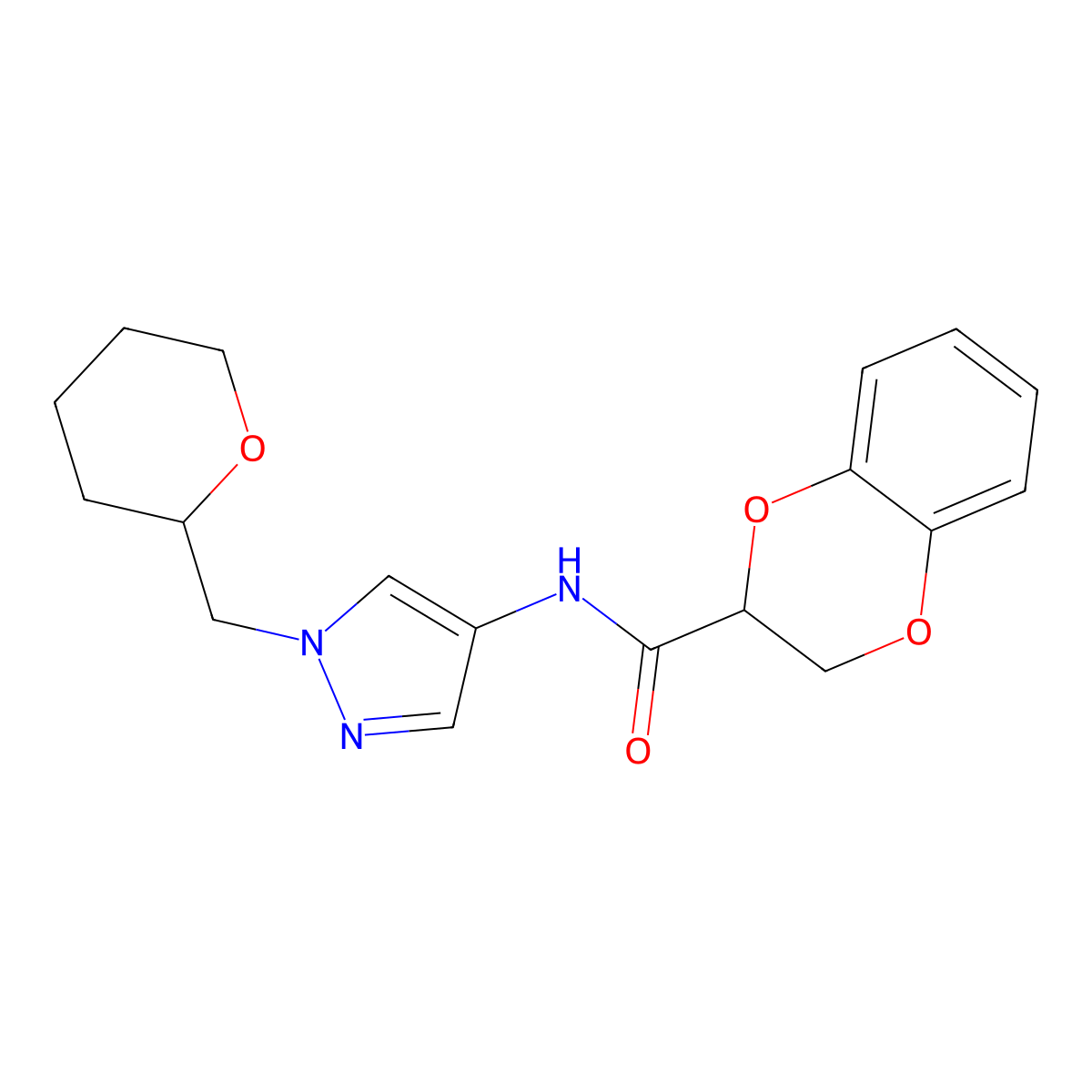 N-(1-((tetrahydro-2H-pyran-2-yl)methyl)-1H-pyrazol-4-yl)-2,3-dihydrobenzo[b][1,4]dioxine-2-carboxamide molecular structure, CAS 2034321-66-7