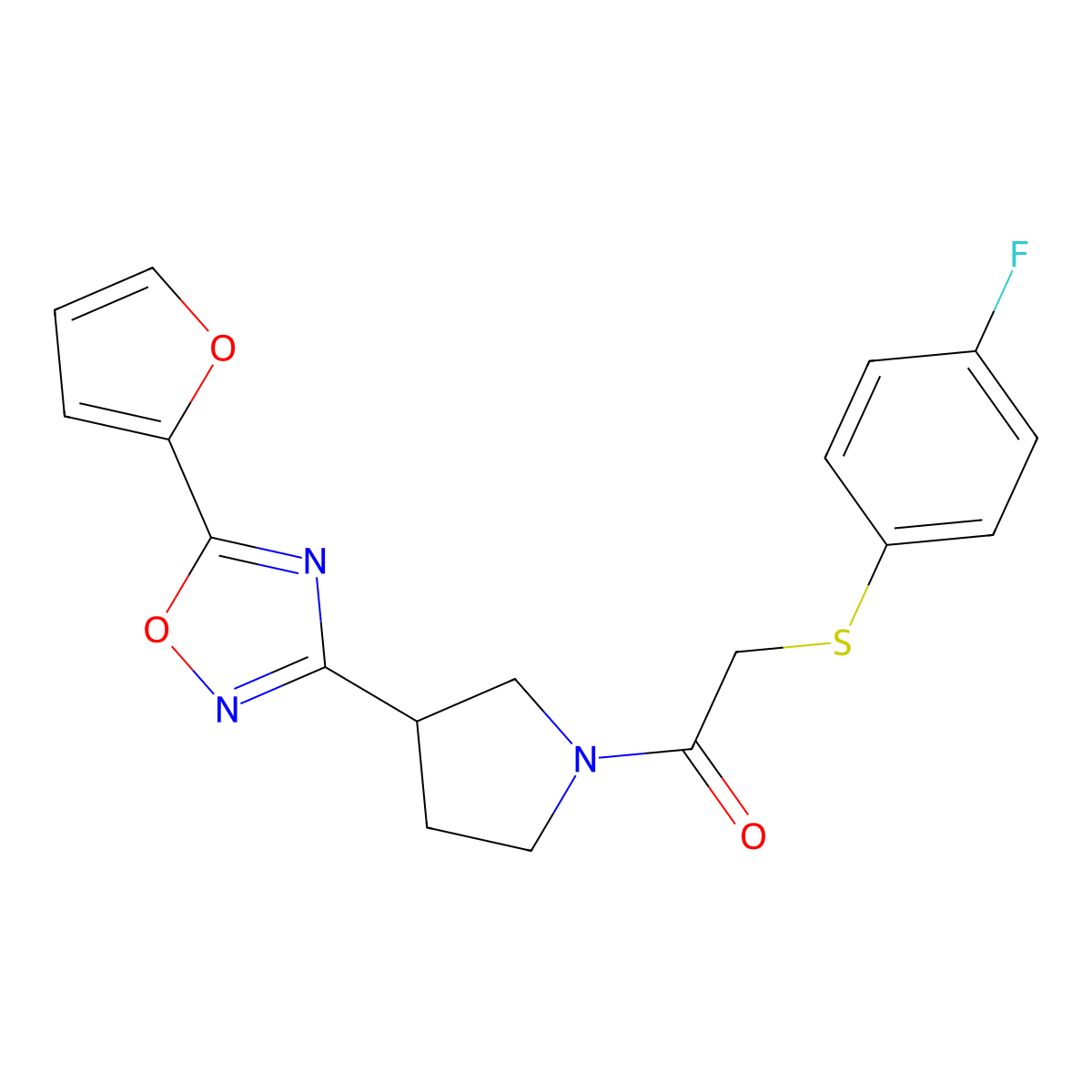 2-((4-Fluorophenyl)thio)-1-(3-(5-(furan-2-yl)-1,2,4-oxadiazol-3-yl)pyrrolidin-1-yl)ethanone molecular structure, CAS 2034321-67-8