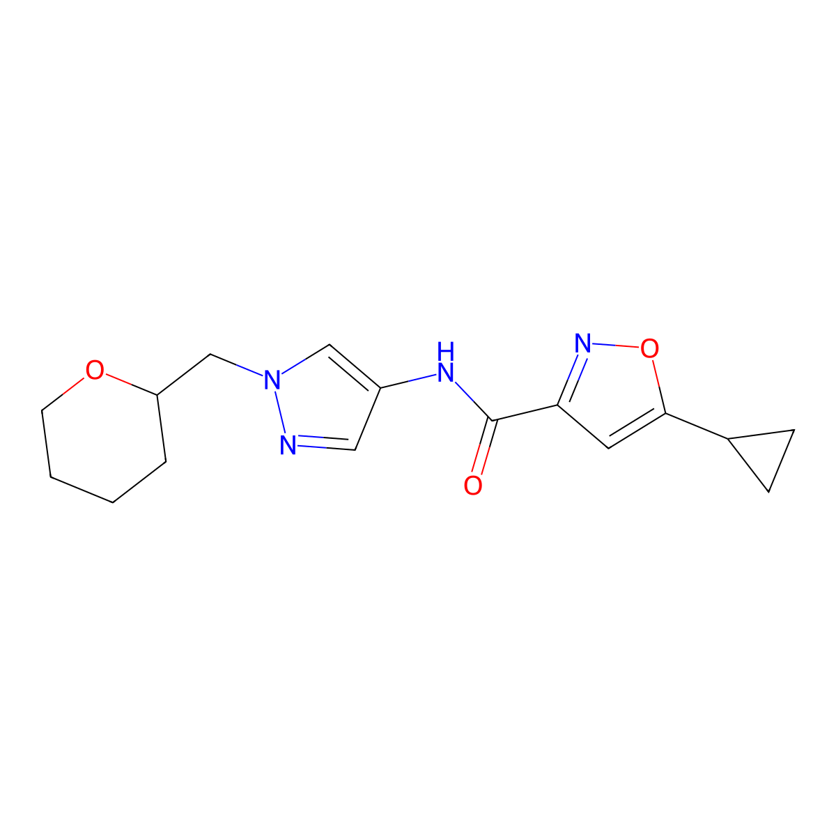 5-cyclopropyl-N-(1-((tetrahydro-2H-pyran-2-yl)methyl)-1H-pyrazol-4-yl)isoxazole-3-carboxamide molecular structure, CAS 2034321-68-9