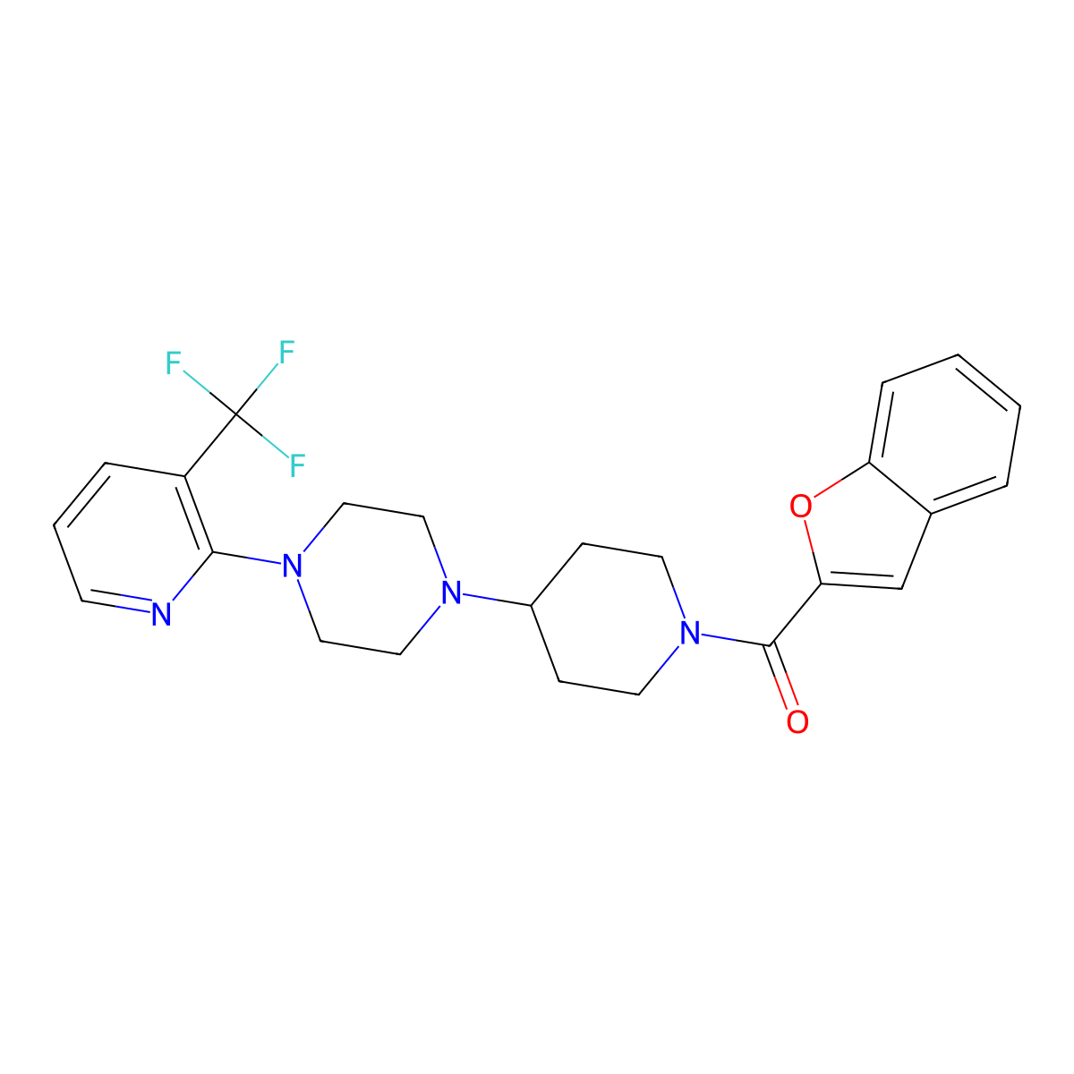 Benzofuran-2-yl(4-(4-(3-(trifluoromethyl)pyridin-2-yl)piperazin-1-yl)piperidin-1-yl)methanone molecular structure, CAS 2034321-79-2